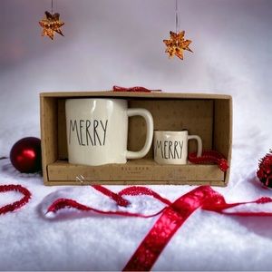 Rae Dunn Merry Gift Set 2 Piece Mug Dry Red Ribbon Christmas Holiday NEW